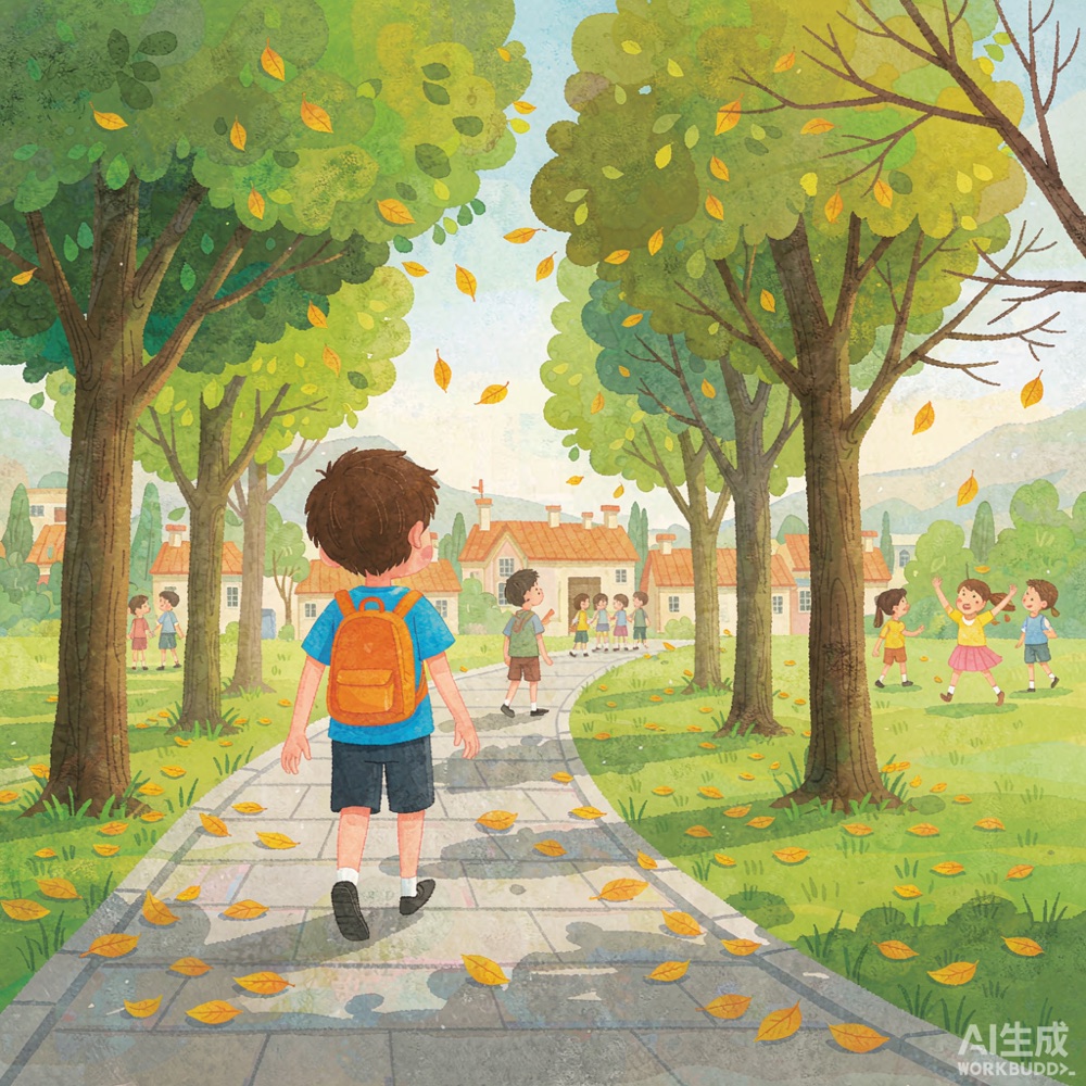 男孩背着书包走在上学路上